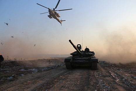 brązowy czołg bojowy, czołg, armia, helikoptery, Mil Mi-28, wojskowy, T-90, Tapety HD HD wallpaper