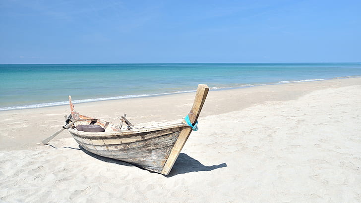 sandy beach, boat, summer, sea, beach, shore, vacation, rowing boat, ocean, coast, sand, horizon, HD wallpaper