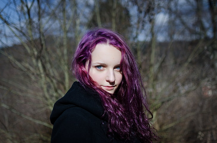 blue eyes, dyed hair, purple hair, HD wallpaper