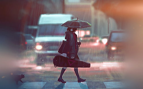 дъждовен, ден, аниме, боя, момиче, изкуство, илюстрация, ракета, HD тапет HD wallpaper