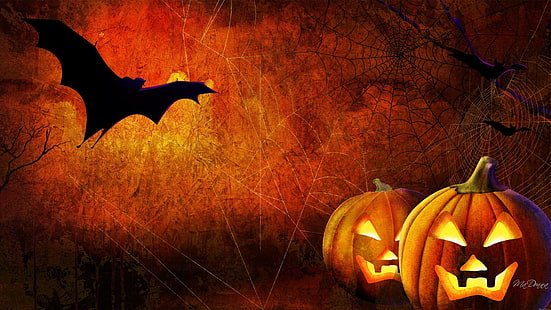 Pipistrelli e jack, poster di tema di halloween e pipistrello e zucca, zucche, luci, halloween, arancia, sinistro, ragnatela, jack - o - lantersn, pauroso, pipistrelli, Sfondo HD HD wallpaper