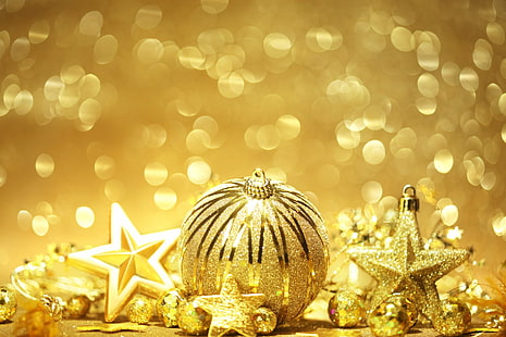 Festività, Natale, Pallina, Bokeh, Ornamenti natalizi, Oro, Stella, Sfondo HD HD wallpaper