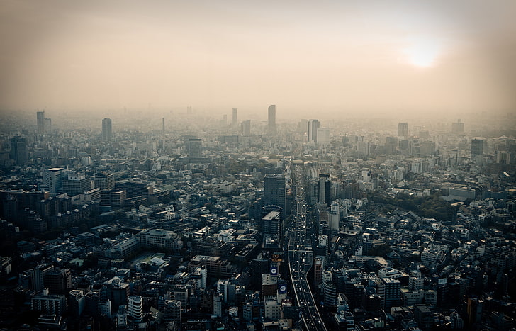 high-rise buildings, Tokyo, Japan, city, dusk, smog, HD wallpaper