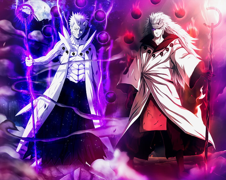 Tapete mit zwei männlichen Anime-Figuren, ohne Titel, Naruto Shippuuden, Anime, Uchiha Obito, Uchiha Madara, HD-Hintergrundbild