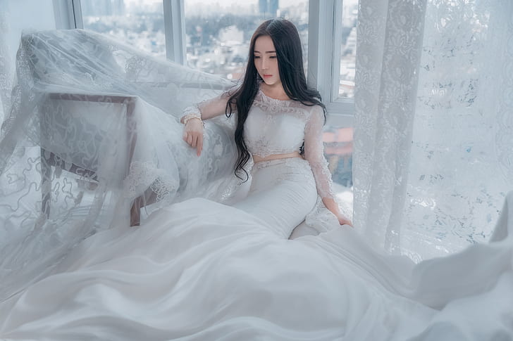 look, girl, face, the city, pose, style, room, white, furniture, chair, hands, brunette, window, fabric, curtains, lace, Asian, sitting, light background, the bride, young, wedding dress, hem, tulle, long-haired, luxury, sad, HD wallpaper