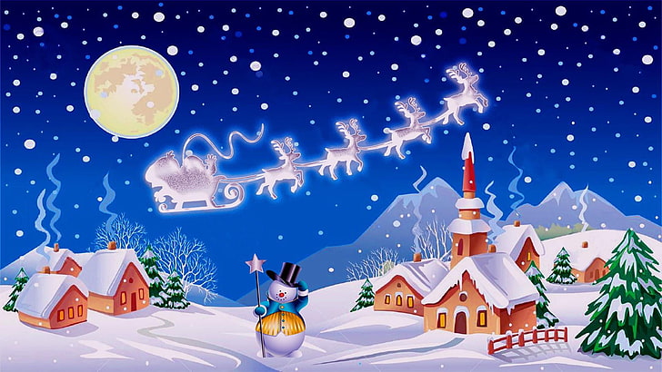 рождество, ночь, северный олень, зима, деревня, дед мороз, вагон, снеговик, праздник, HD обои