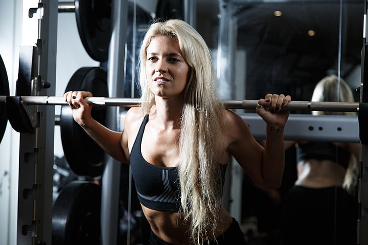 woman, blonde, fitness, weight lifting, weight bar, HD wallpaper