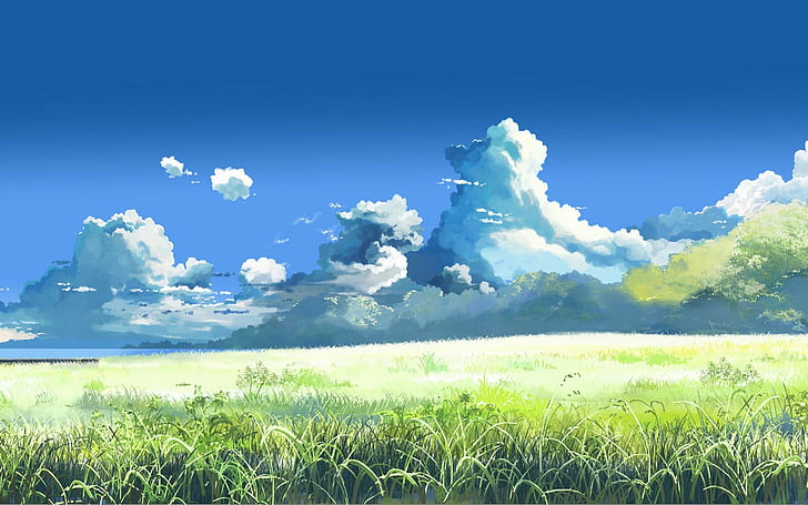 Nuvens, lago, floresta, grama, paisagem, anime, obra de arte