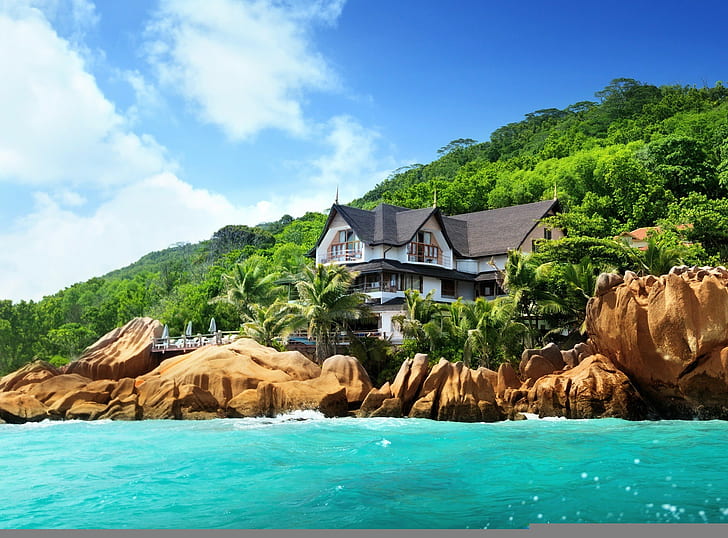 Hotel na wyspie Seszele, plaża, drzewa, dom, wyspa, kamienie, Seszele, ocean, przyroda, hotel, Tapety HD