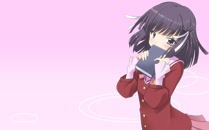 female anime character holding book, yuto, shiomiya shiori, girl, brunette, book, HD wallpaper