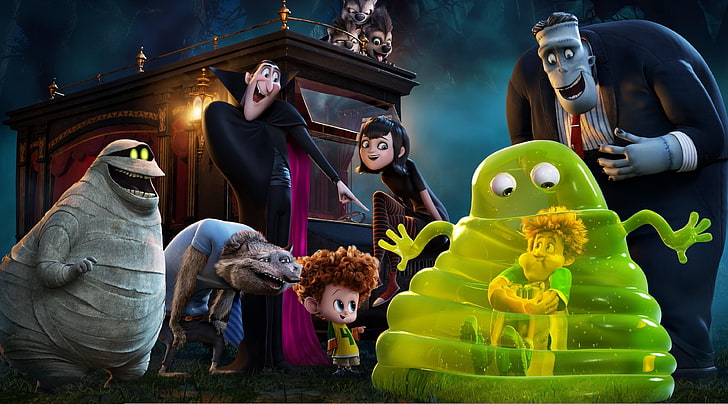 Hotel Transylvania digital wallpaper, cinema, animation, forest, design, smile, movie, bat, vampire, monsters, fang, glasses, film, human, suit, coach, tie, scar, marsh, bandages, mummy, Dracula, comedy, dark forest, werewolf, swamp, graphic animation, formal clothes, Count Dracula, Hotel Transylvania, invisible man, Count, frankenstein, Hotel Transylvania 2, Dracula's daughter, Monsters on Vacation, Monsters on Vacation 2, carriage, HD wallpaper