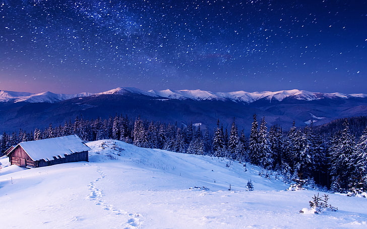 白い雪の道、星、自然、山、夜、雪、空、冬、 HDデスクトップの壁紙