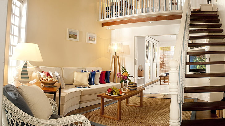 escaleras de madera marrón, flores, diseño, mesa, sala, interior, almohada, uvas, escalera, cuadros, Fondo de pantalla HD