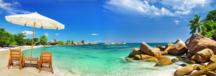 vitt uteplatsbord, sand, hav, strand, tropiker, stenar, palmer, paraply, kust, stolar, havet, HD tapet HD wallpaper
