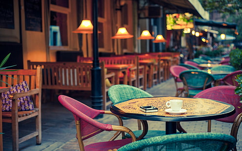 Caffe vo stile, bar, terrazza, vo stile, tavoli, lampade, sedie, strada, città, Sfondo HD HD wallpaper