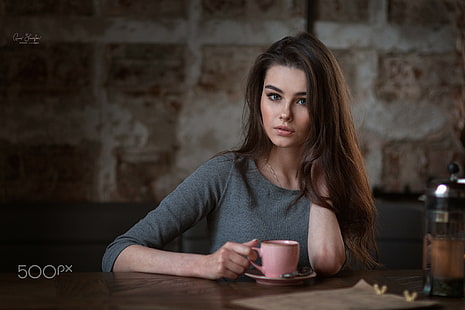 Anna Shuvalova, Bogdana, Bogdana Kadritskaya, model, 500px, brunette, portrait, women indoors, cup, depth of field, women, HD wallpaper HD wallpaper