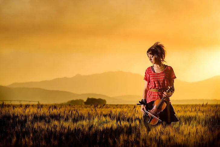 women's red top, field, sunset, mountains, violin, beauty, Lindsey Stirling, violinist, HD wallpaper