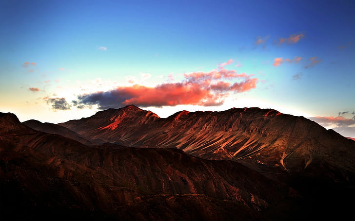 valley, mountains, landscape, nature, sunrise, sky, orange, red, HD wallpaper