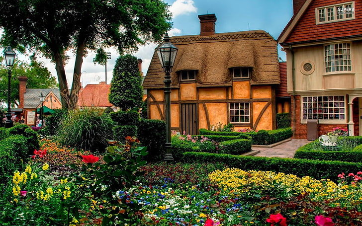 Ilustración de la casa de madera marrón, naturaleza, casa, flores, flores, Fondo de pantalla HD