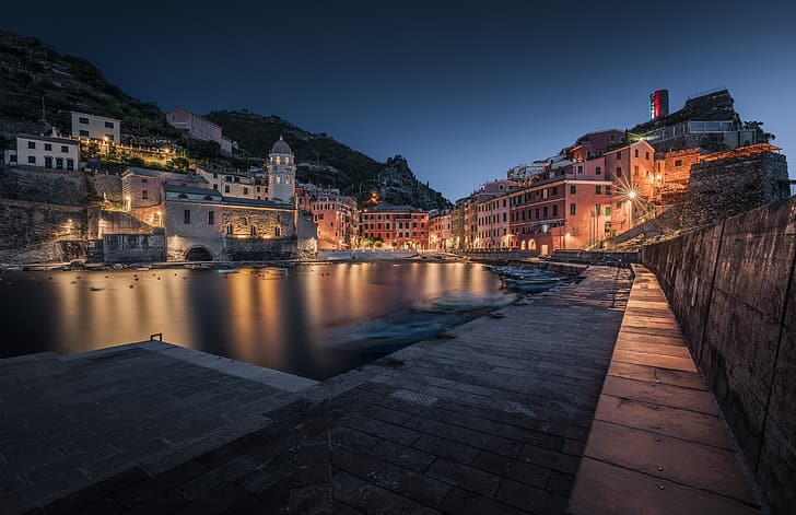 building, home, the evening, Italy, promenade, harbour, Vernazza, Cinque Terre, Liguria, HD wallpaper