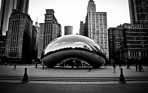 paisaje urbano, Chicago, monocromo, reflexión, escultura, Cloud Gate, The Bean, Fondo de pantalla HD HD wallpaper