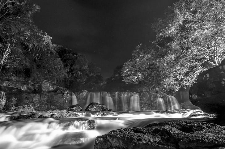 black and white, cascade, landscape, nature, outdoors, river, rocks, stream, trees, water, waterfall, HD wallpaper