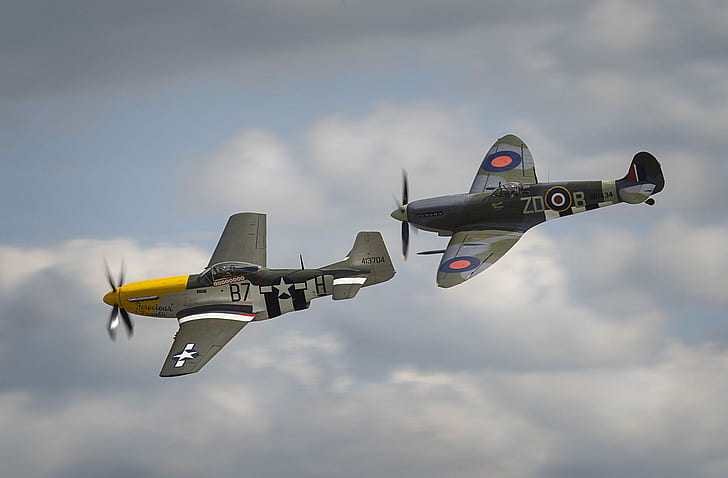 Mustang, war, fighters, P-51, Spitfire, North American, world, Second, times, HD wallpaper