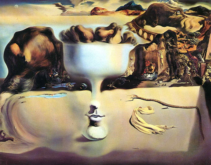 white, beige, and brown painting, surrealism, picture, Salvador Dali, painter, 1938, the phenomenon of face and fruit bowl on the sea shore, HD wallpaper