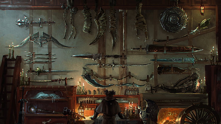 różne rodzaje broni zamontowanej na ścianie, cyfrowa tapeta, grafika z gier, broń, Bloodborne, Tapety HD