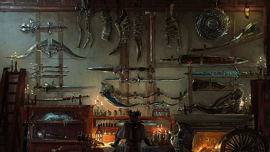 оружие различного типа, установленное в стене, цифровые обои, игры, оружие, Bloodborne, HD обои HD wallpaper