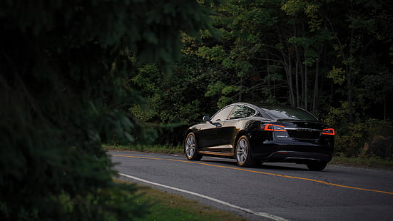 Tesla, siyah arabalar, ağaçlar, yol, araba, HD masaüstü duvar kağıdı HD wallpaper