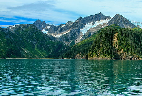 grüne Berge, Natur, Landschaft, Berge, Fjord, Wald, Sommer, schneebedeckte Spitze, Meer, Kenai Fjords National Park, Alaska, HD-Hintergrundbild HD wallpaper