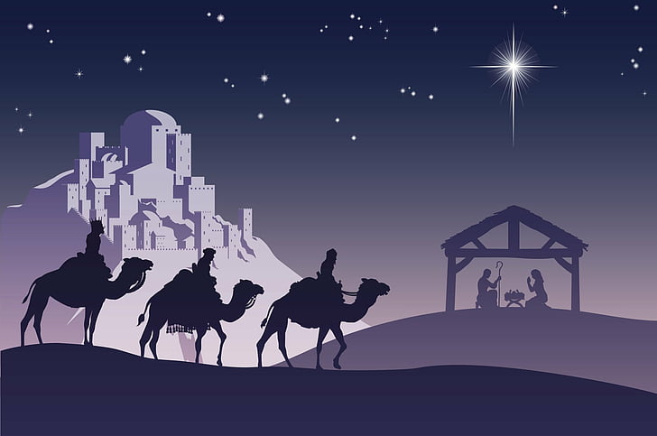 Święta, Boże Narodzenie, Wielbłąd, Jezus, Maryja (Matka Jezusa), Noc, Gwiazdy, Trzej Mędrcy, Miasto, Tapety HD