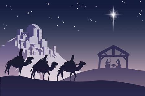 عطلة ، عيد الميلاد ، الجمل ، يسوع ، مريم (أم يسوع) ، الليل ، النجوم ، الحكماء الثلاثة ، المدينة، خلفية HD HD wallpaper