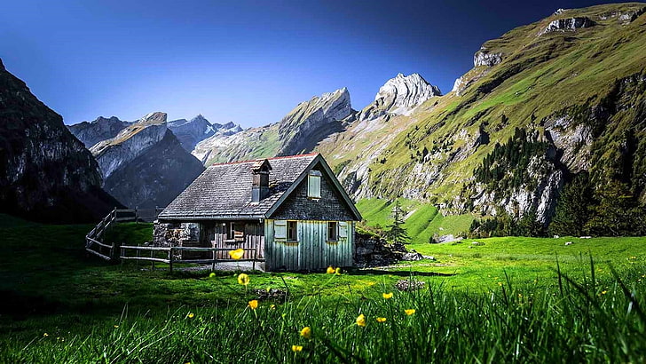 серый деревянный дом, природа, пейзаж, домик, горы, трава, кустарники, забор, полевые цветы, лето, HD обои