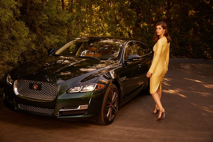 Jaguar, girl, dress, model, sedan, actress, Alexandra Daddario, front view, collaboration, luxury car, Jaguar XJ L Collection, HD wallpaper