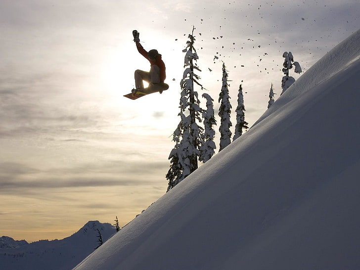 animated character snowboarding near trees illustration, snowboard, jump, descent, evening, HD wallpaper