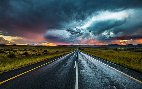 空の道路、道路、マーキング、夕方、雲、地平線、 HDデスクトップの壁紙 HD wallpaper