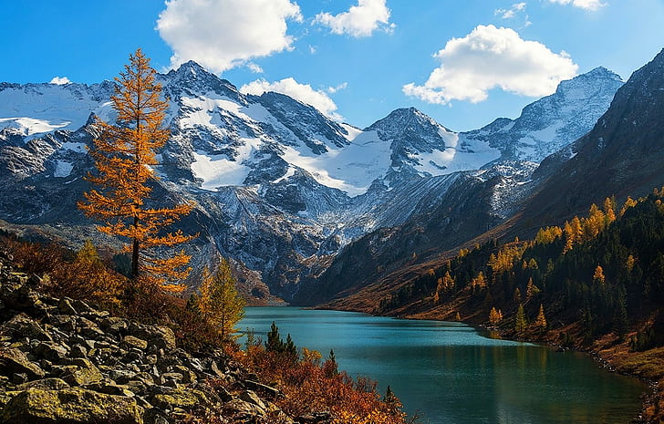 Rusia, montañas de Altai, nieve, agua, naturaleza, montañas, naranja, verde, blanco, bosque, pico nevado, paisaje, otoño, árboles, lago, azul, nubes, Fondo de pantalla HD