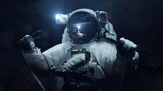 astronaut, spacewalk, universe exploration, space, brave, darkness, outer space, astronauts, helmet, reflected, fantasy art, cosmonaut, scifi, HD wallpaper HD wallpaper