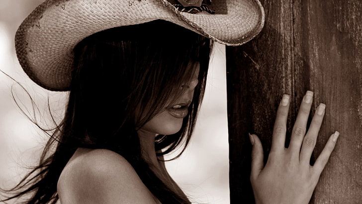 Frauen, Brünette, Hut, Sepia, Cowboyhüte, HD-Hintergrundbild