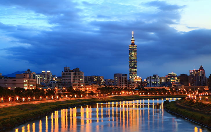 Ville de nuit de Taipei, rivière, bâtiments, lumières, Ville, nuit, Taipei, rivière, bâtiments, lumières, Fond d'écran HD