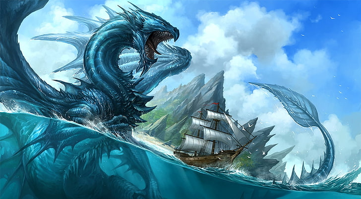 fantasy art, dragon, split view, ship, artwork, HD wallpaper