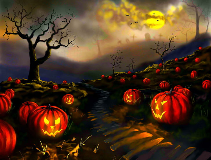 Pumpkin Patch, halloween, citrouilles, patch, lune, nuit, pleine lune, chemin, cimetière, arbres, chair de poule, fantaisie, ombres, Fond d'écran HD
