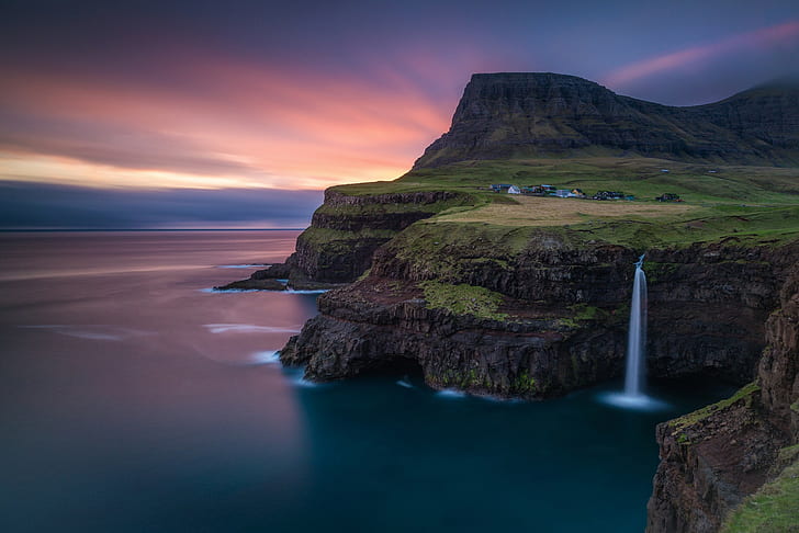 Faroe Islands, waterfalls, rock, waterfall, island, mountain, Faroe Islands, Atlantic ocean, HD wallpaper