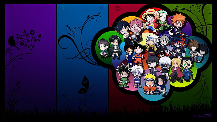 Anime, karaktärer, One Piece, Hunter x Hunter, Shingeki no Kyojin, Fairy Tail, Bleach, Full Metal Alchemist, Death Note, Kill la Kill, Naruto, anime, karaktärer, ett stycke, hunter x hunter, shingeki no kyojin, fairy tail , blekmedel, fullmetallalkemist, dödsnot, kill la kill, HD tapet