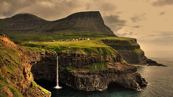 Anime Gasadalur Färöer Inseln Landschaft Wasserfall, HD-Hintergrundbild HD wallpaper