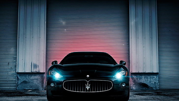 car, sports car, black cars, Maserati, Maserati GranTurismo, lights, urban, garages, building, HD wallpaper