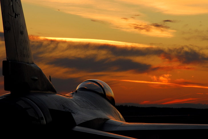 grey fighter jet, sunset, wing, fighter, beautiful, cabin, HD wallpaper