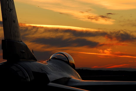 avião de caça cinza, pôr do sol, asa, lutador, bela, cabine, HD papel de parede HD wallpaper